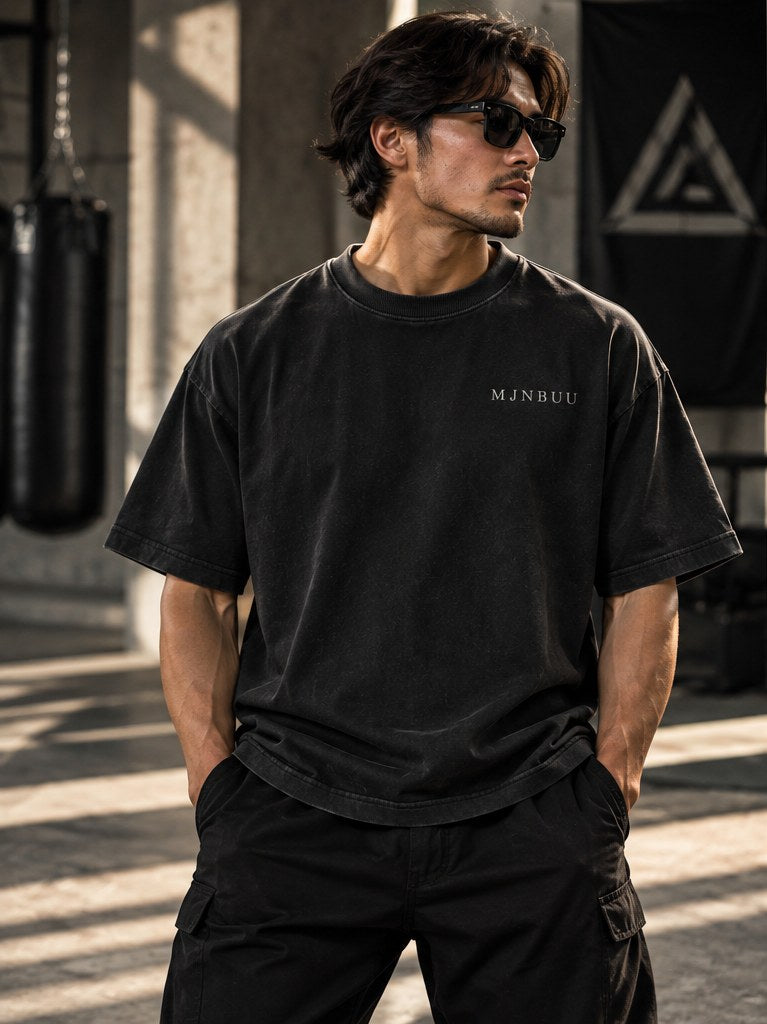 Model wearing the black Freedom Perspective Tee, front