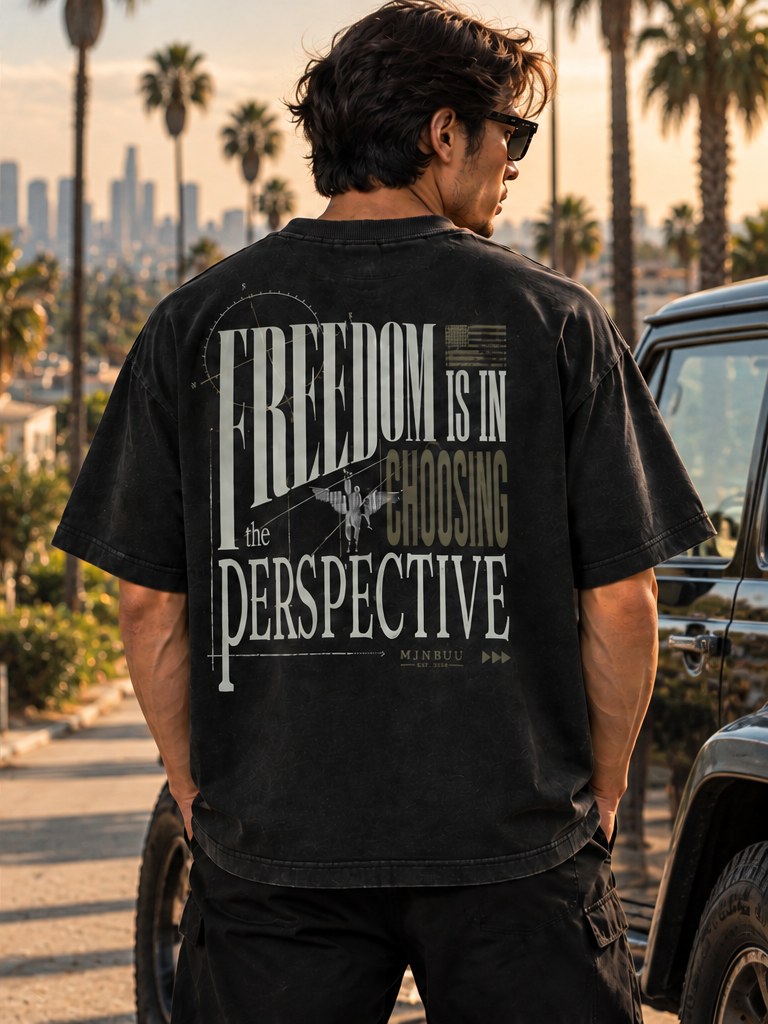 Freedom Perspective back print worn on the coast