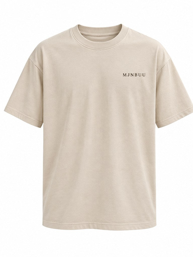 Root Rise Grow Tee in beige, front, MJNBUU chest logo