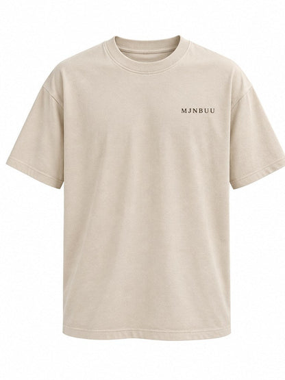 Root Rise Grow Tee in beige, front, MJNBUU chest logo