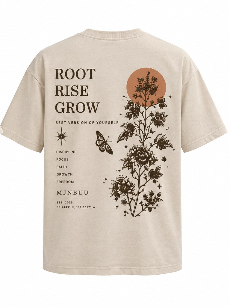 Root Rise Grow Tee in beige, back print with botanical, butterfly and terracotta sun