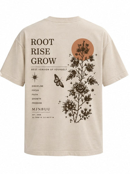 Root Rise Grow Tee in beige, back print with botanical, butterfly and terracotta sun
