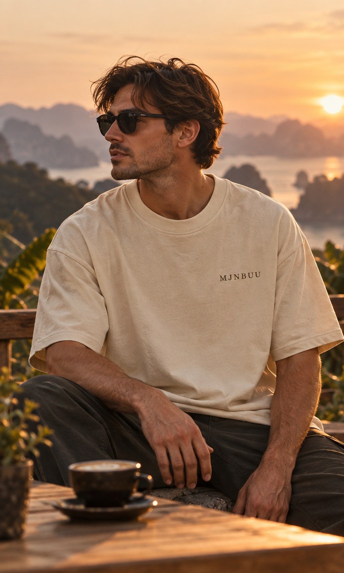 Beige Root Rise Grow Tee worn at sunset, front