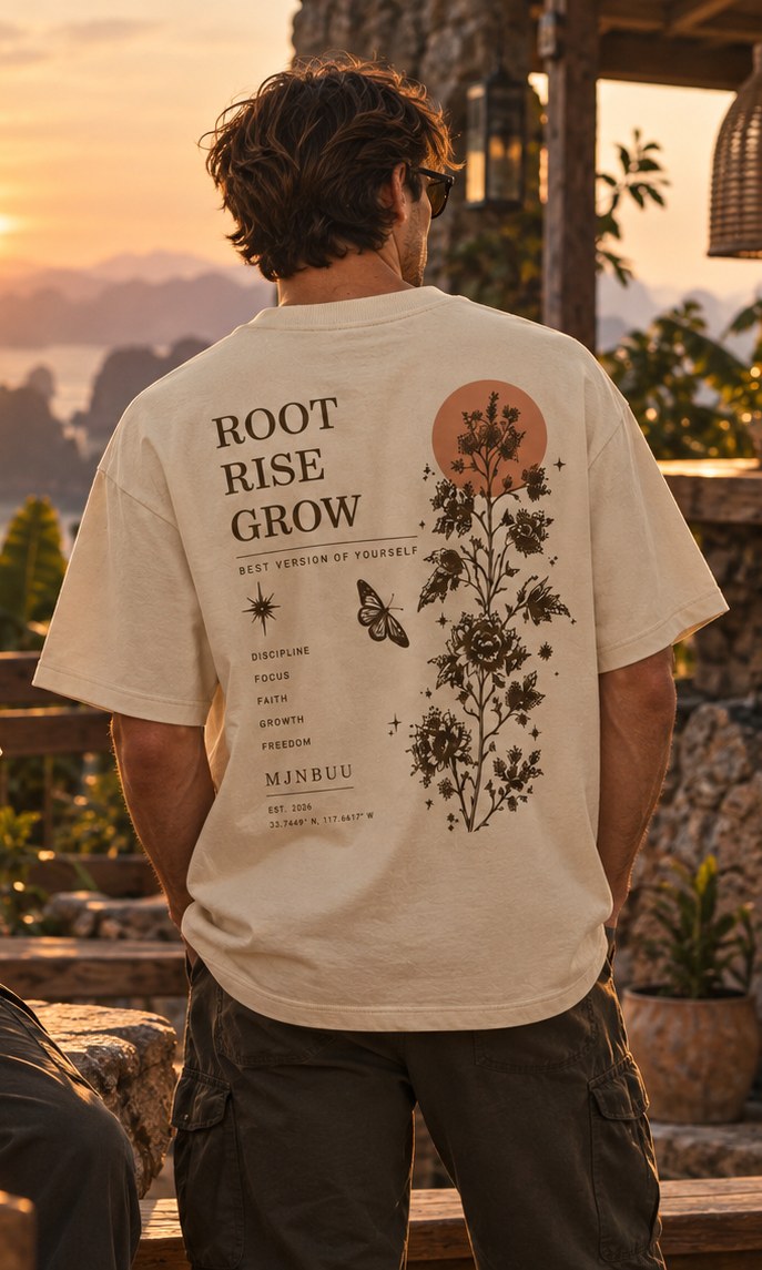Beige Root Rise Grow Tee worn at sunset, back print