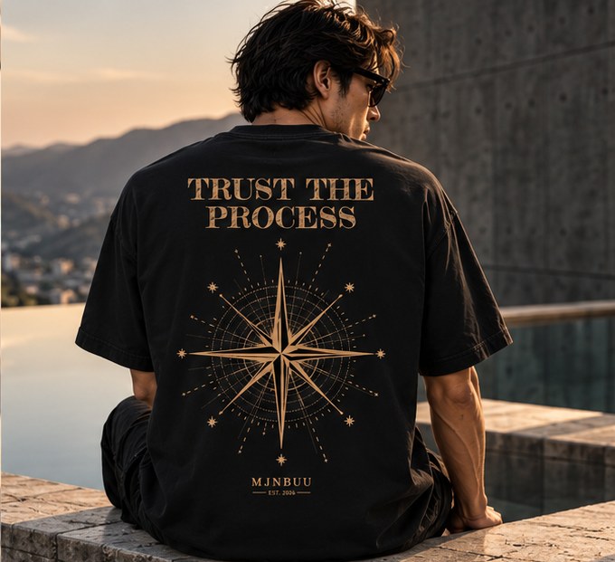 Model seated showing the Trust the Process back print