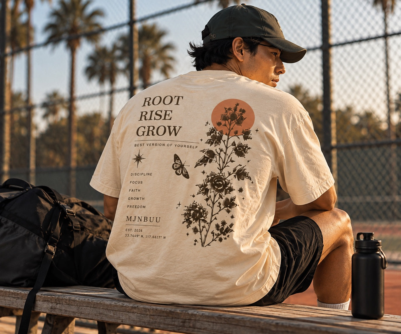 Man on a courtside bench wearing the beige MJNBUU Root Rise Grow tee, back print visible